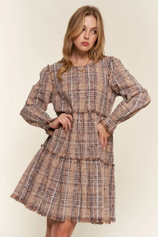 Get The Latest Trends Hot Girl And The Why Vintage Plaid Tiered Cotton Long Sleeve Mini Dress Vintage Look