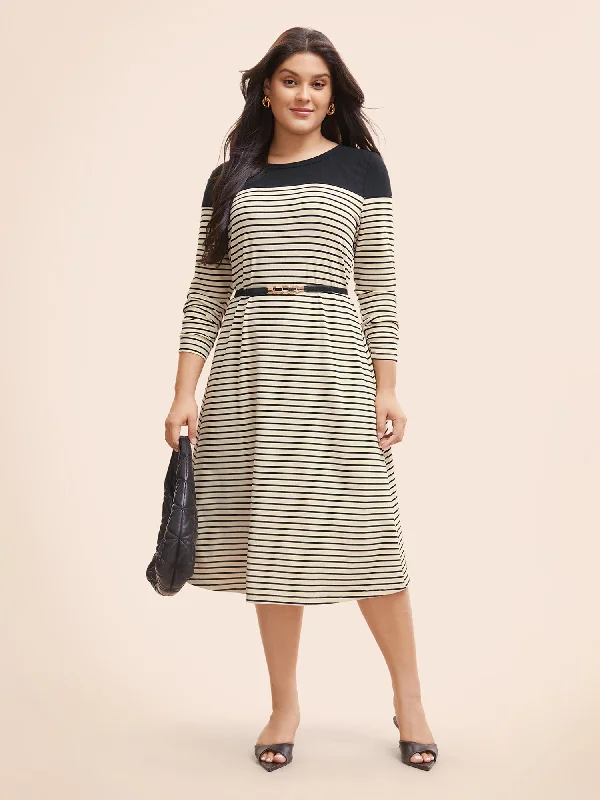 Limited Stock Striped Patchwork Rib Knit Midi Dress Playful Elegance