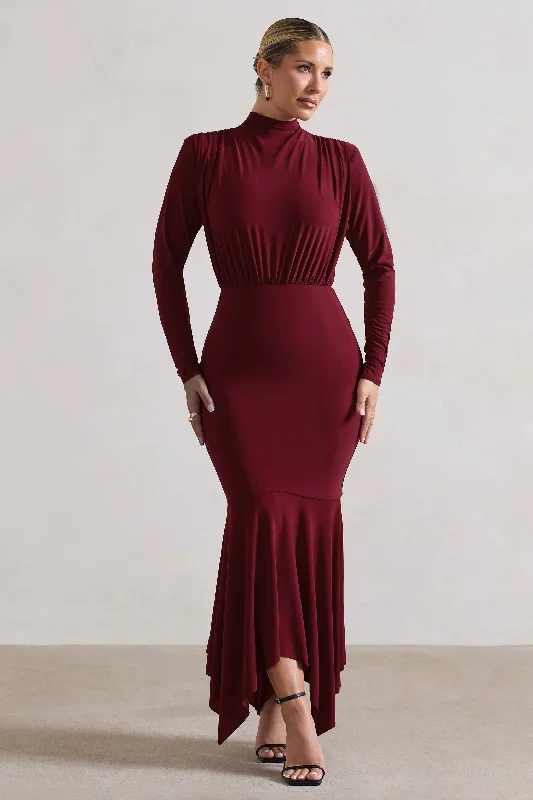 On-Trend Fashion Offers Carla | Berry High-Neck Maxi Dress With Draped Hem Dreamy Draping