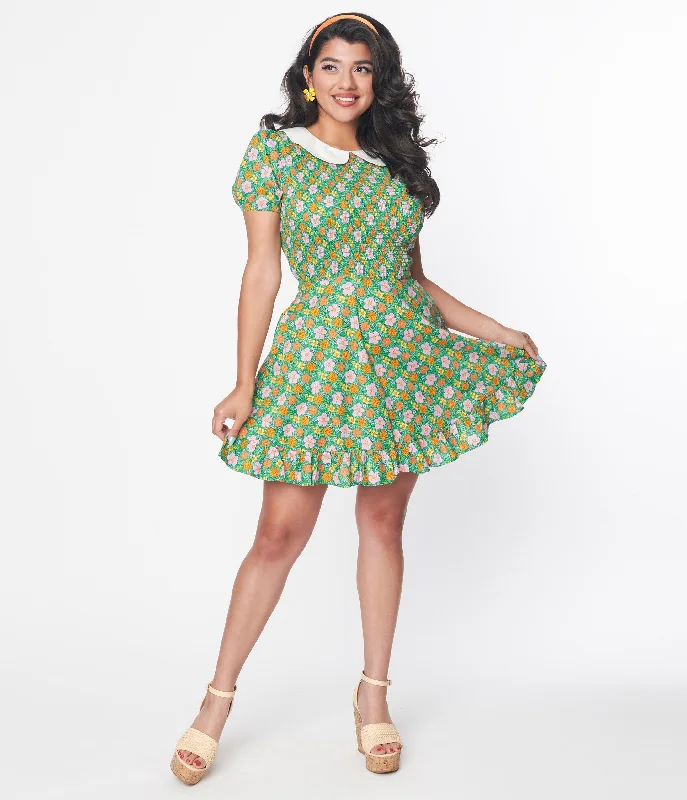 Explore What'S New Smak Parlour 1960s Green Floral Smocked Fit & Flare Dress Elevated Style