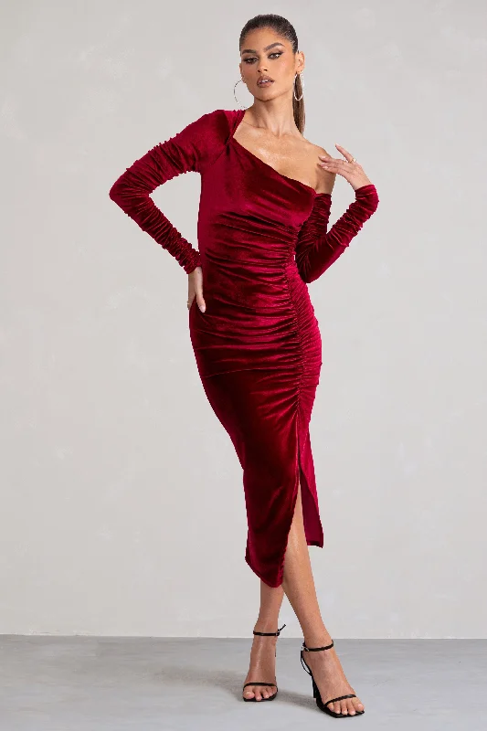 Vintage-Inspired Style Offers Agustina | Berry Velvet Asymmetric Neckline Midi Dress With Long Sleeves Exquisite Craftsmanship