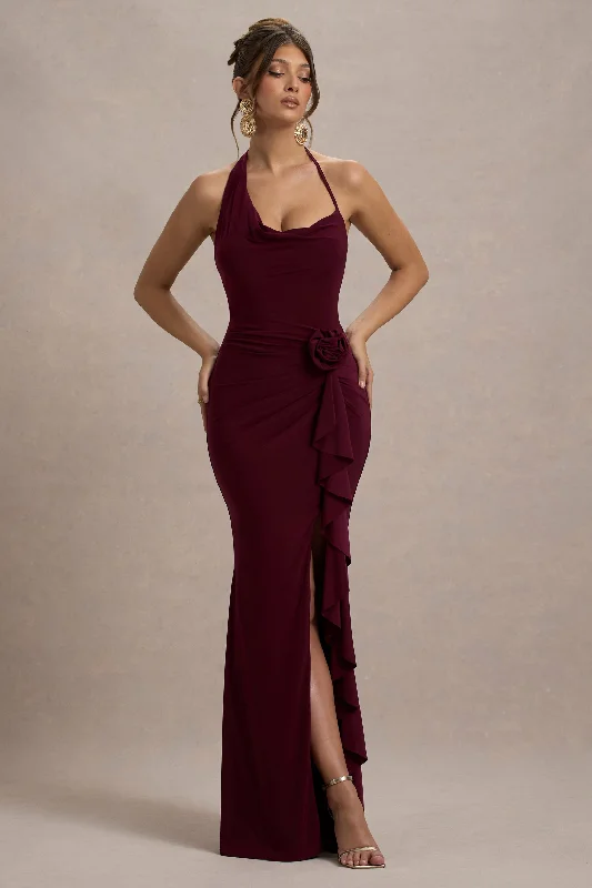 Fashion Sale Lucena | Burgundy Cowl-Neck Wrap Maxi Dress With Floral Drape Exquisite Craftsmanship