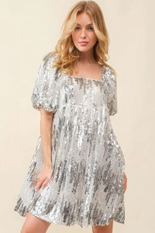 Timeless Style Promotions Hot Girl Sequin Babydoll Mini Dress In Silver Hollywood Glam Award - Show Style