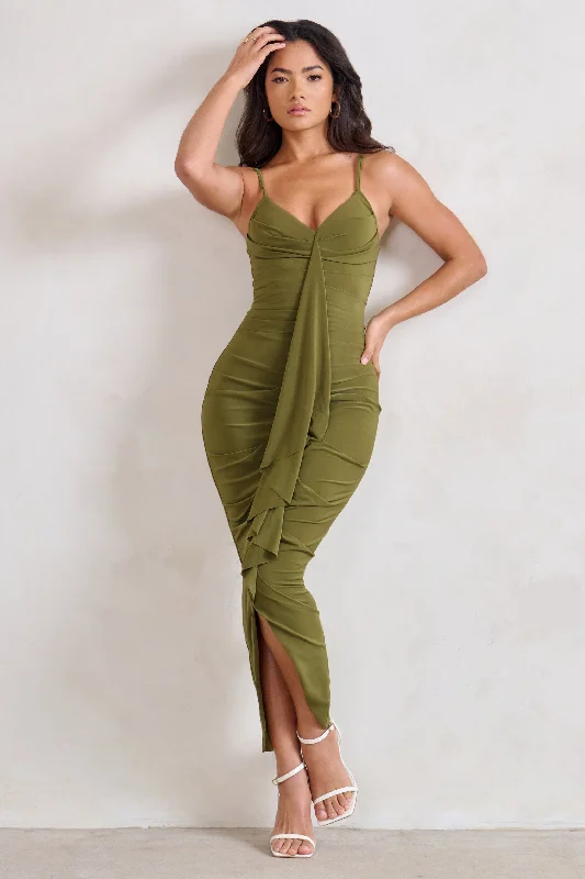 Summer Fashion Dorothy | Olive Green Plunge V Neckline Ruffle Midi Dress Final Clearance