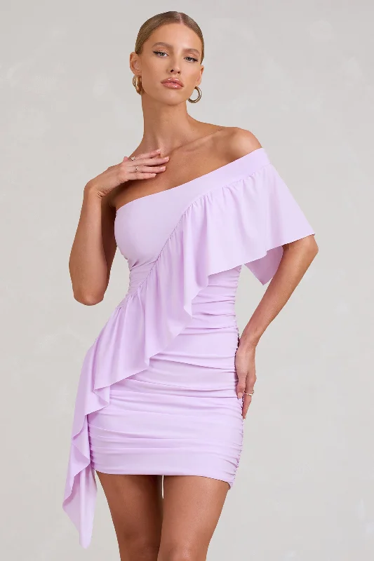 Seasonal Clearance Parfait | Lilac Asymmetric Ruched Mini Dress With Statement Ruffles Elevated Style