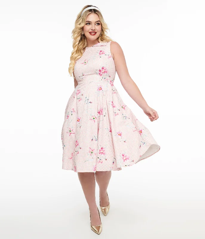 Evening Elegance 1950s Pink Gingham & Floral Cotton Swing Dress Weekend Special