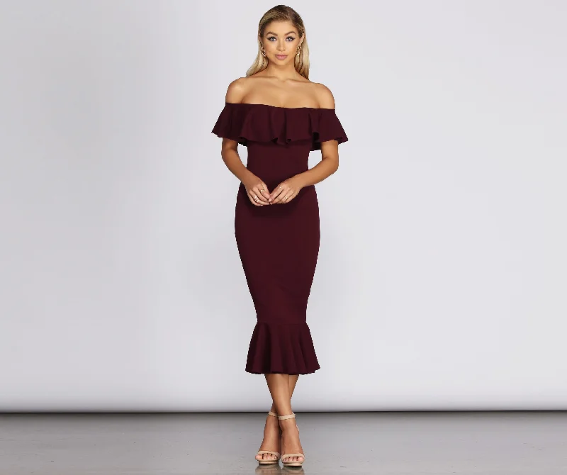 Chic Style Discounts Ready And Ruffled Midi Dress Soft Textures