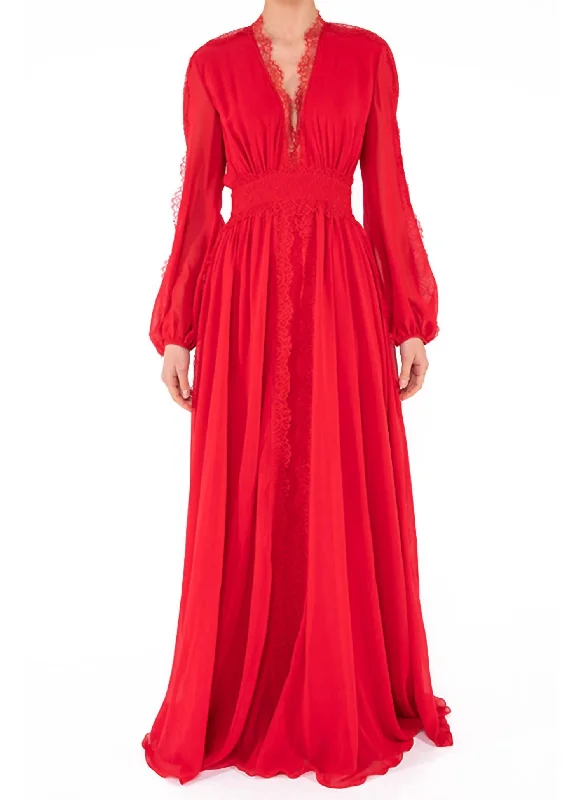 Special Offers, Don't Miss Georgette & Lace V-Neck Gown In Red Coastal Beach - Inspired Style