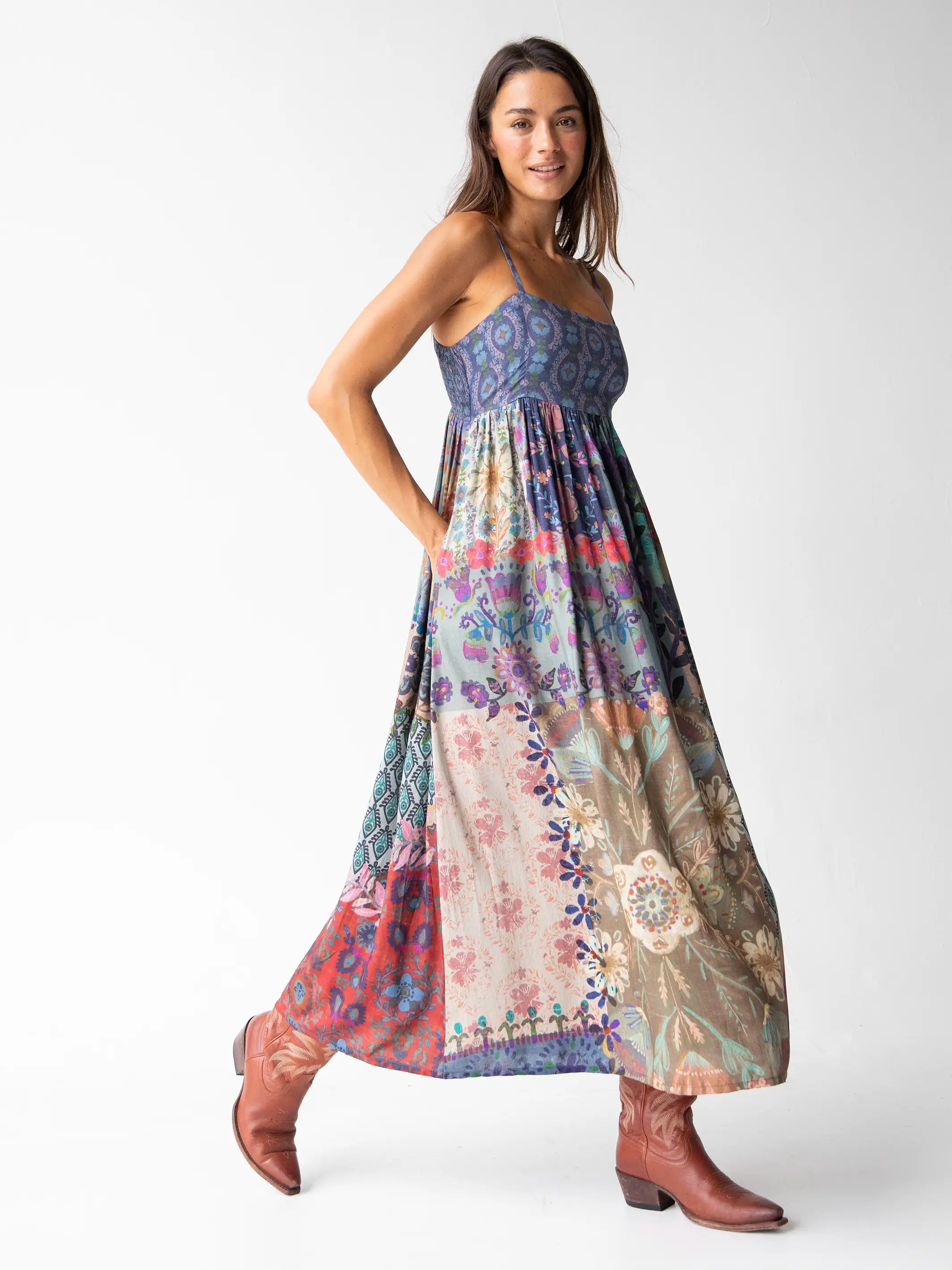 Limited Time Bailey Maxi Dress - Blue Patchwork Graceful Drape