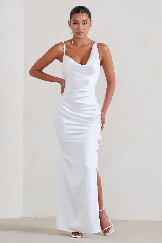 Hot Trends Belonging | White Ruched Cowl Maxi Dress Elegant Ensemble