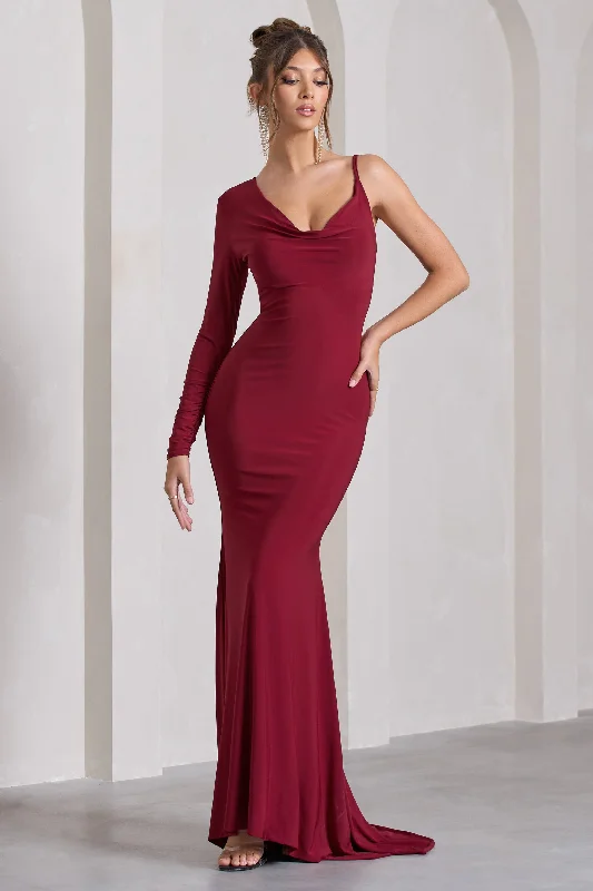 Vintage Style Deals At Dusk | Berry Red One-Sleeved Cowl-Neck Fishtail Maxi Dress Seasonal Trend