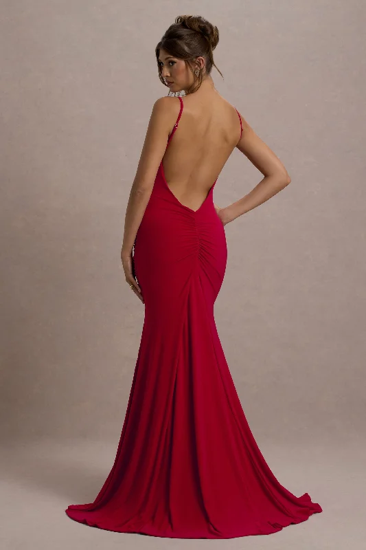 Fashion Forward Adele | Red Ruched Fishtail Cami Maxi Dress Feminine Elegance