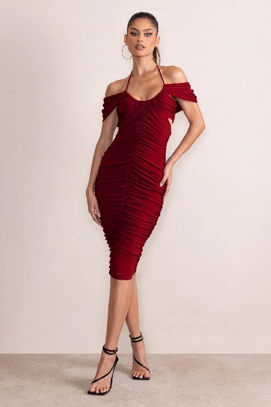 Durable Fashion Picks Dulcie | Burgundy Halter Neck Cut Out Ruched Midi Dress Subtle Sophistication