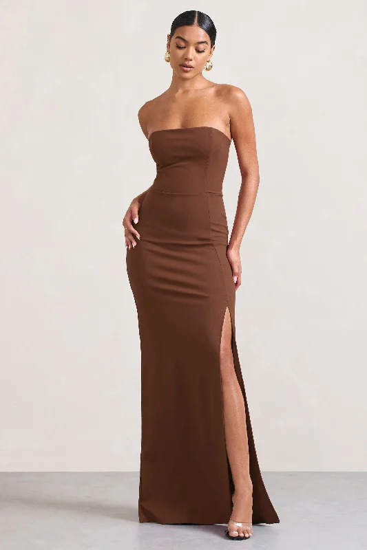 Style Upgrade Belle of The Ball | Brown Bandeau Maxi Dress With Split Hem Floral Style