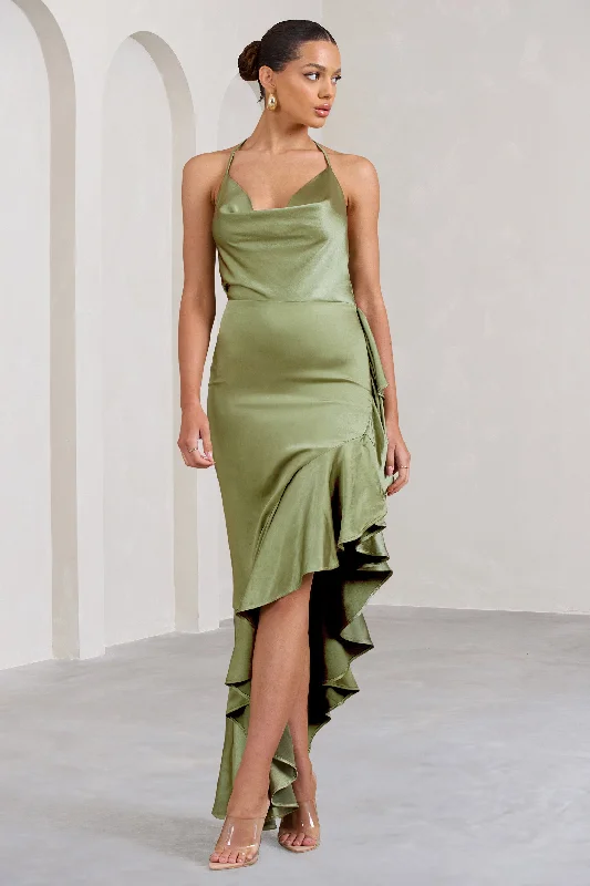 Valentine's Special Lady Rosselini | Olive Strappy Asymmetric Ruffled Maxi Dress Nordic Minimalist Home Look