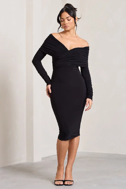 Unleash Your Style Flatter Me | Black Twist Front Bardot Midi Dress Minimalist Chic