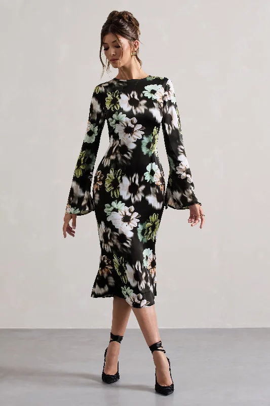 Timeless Elegance Sale Arlitta | Black Floral Print Satin Long-Sleeve Midi Dress Elevated Style