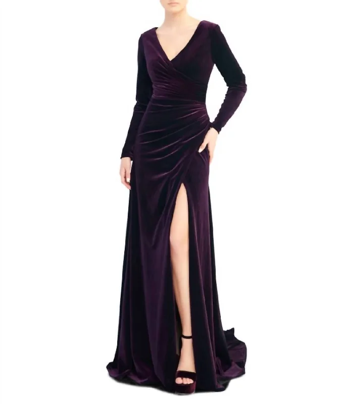 Huge Discounts This Week Velvet Ruched Long Sleeve Gown In Plum Cottagecore Rustic Charm Style