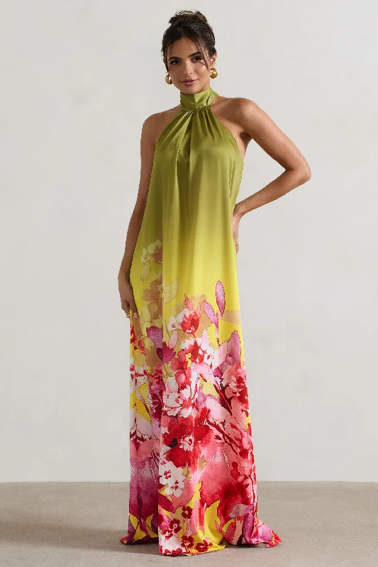 Timeless Elegance Redefined Gloriana | Pink and Green Floral Print Satin High-Neck Maxi Dress Chic Sophistication