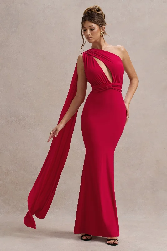 Special Offers, Don't Miss Elaina | Red Asymmetric Knot Maxi Dress With Sash Minimalist Chic