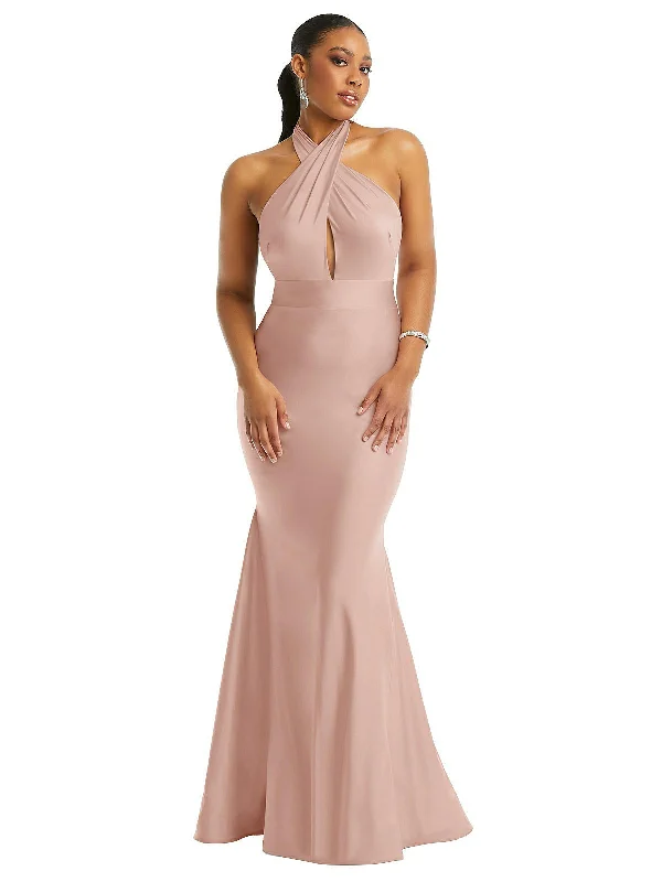 Style Revolution Criss Cross Halter Open-Back Stretch Satin Mermaid Dress Graceful Drape