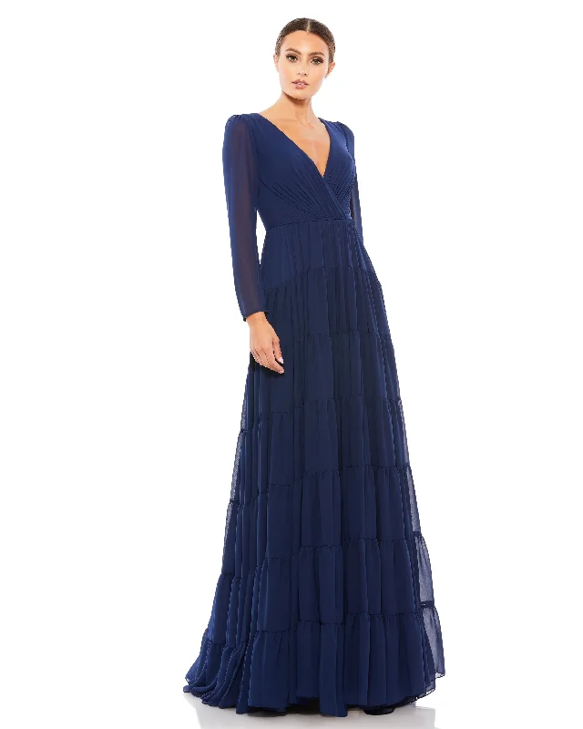 Chic & Modern Sales Long Sleeve Ruffle Tiered Evening Gown Parisian Effortless Chic Style