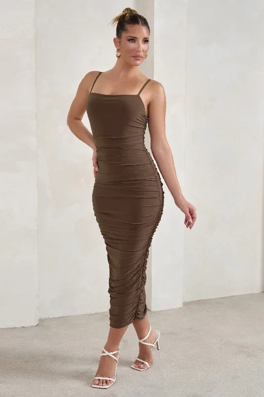 Forward Trendsetter Saffy | Brown Cami Mesh Ruched Midi Dress Bohemian Vibe