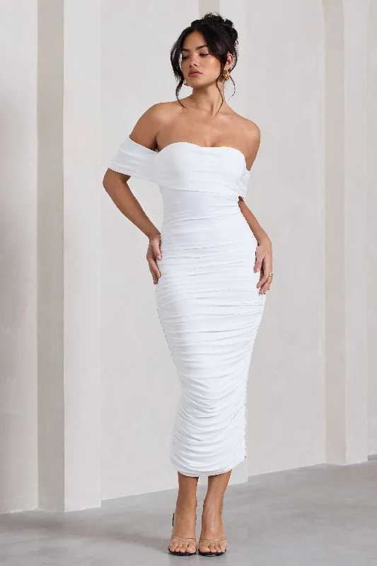 Luxury Fashion Lost For Words | White Bardot Ruched Draped Midi Dress Elegant Attire