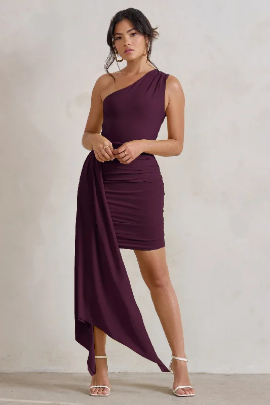 Limited Edition Charlie | Plum One Shoulder Ruched Mini Dress With Statement Drape Luxury Style