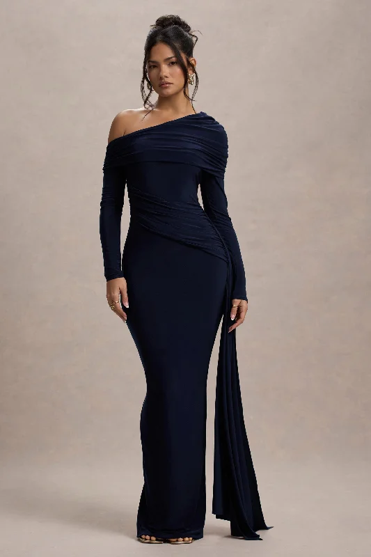 Fashion Frontiers Valina | Navy Ruched Asymmetric Maxi Dress With Drape Effortless Sophistication