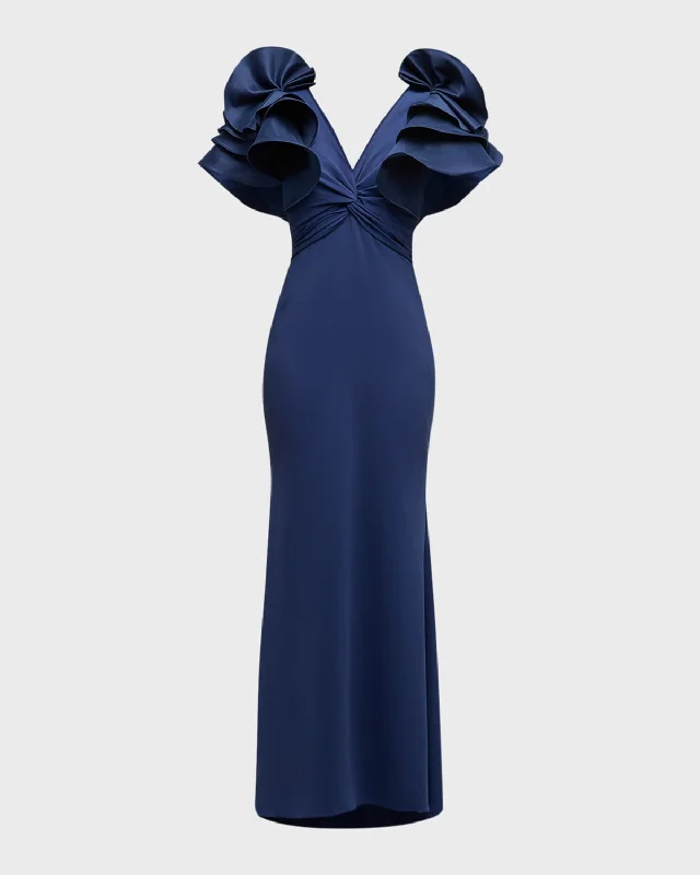 Contemporary Chic Promotions Twist-Front Ruffle Column Gown Hollywood Glam Award - Show Style