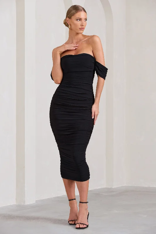 Stylish Deals Lost For Words | Black Bardot Ruched Draped Midi Dress Seasonal Trend