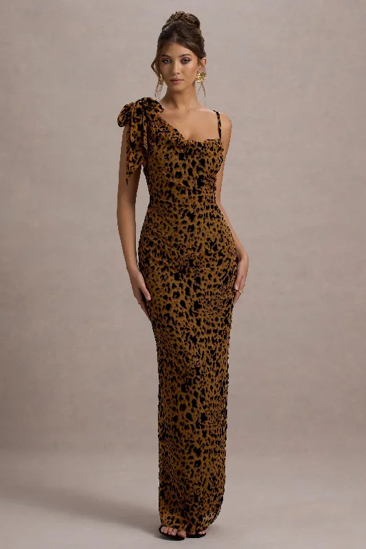 Exclusive Deals Online Yasmin | Leopard Print Velvet Strappy Maxi Dress With Bow Polished Finish