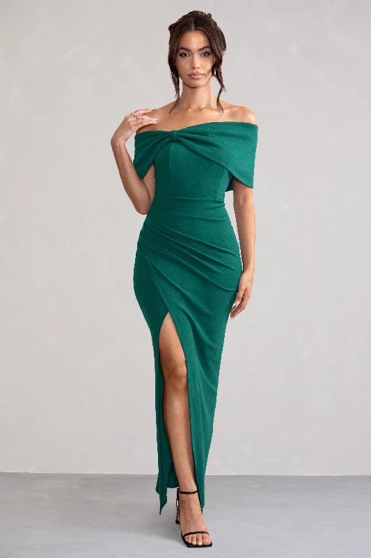 Trendy Fashion Sale Eva | Green Bardot Bow Detail Maxi Dress With Thigh Split Artful Design