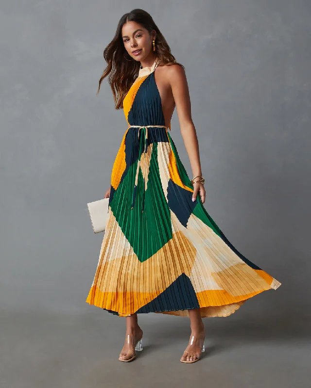 Hot Sale Cheyenne Abstract Pleated Halter Midi Dress Elegant Details