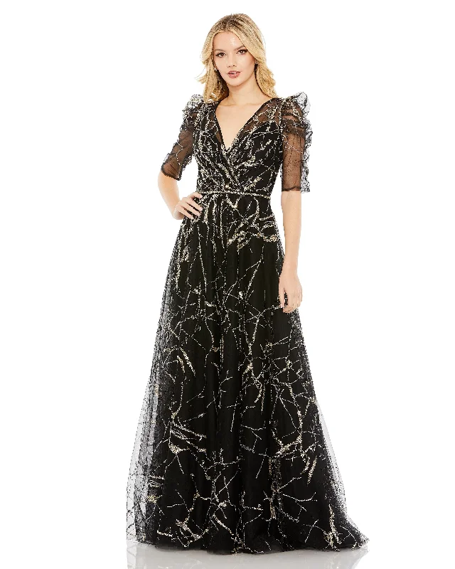 Vibrant Style Promotions Embellished Gathered Puff Sleeve Faux Wrap Gown Final Clearance