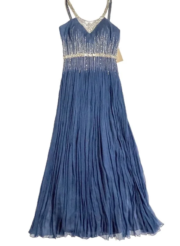 Luxury Fashion Silk Grecian Beaded Crystals Gown In Carbon Blue Tropical Island - Inspired Attire