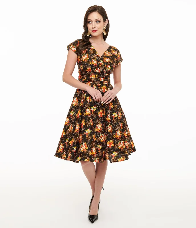 Chic And Trendy Retrolicious 1950s Autumn Floral Cotton Greta Swing Dress Coastal Beach - Inspired Style