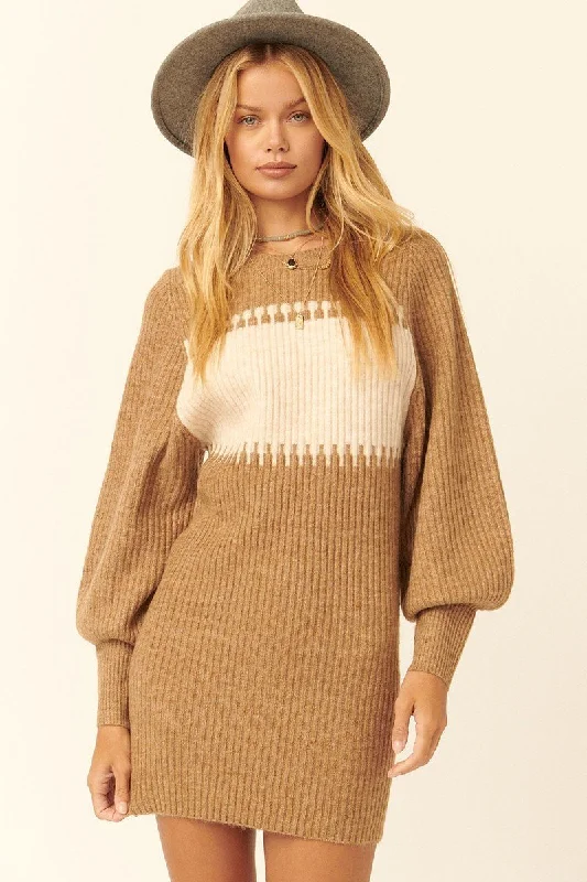 End-Of-Season Clearance Hot Girl High Contrast Ribbed Knit Sweater Mini Dress In Camel Refined Look