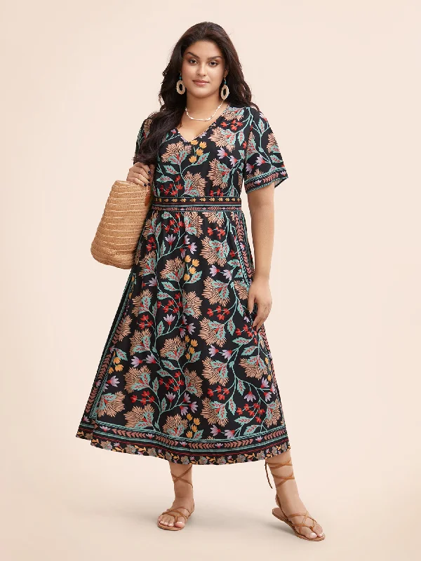 Limited Time Boho Print Shirred Pocket Midi Dress Contemporary Elegance