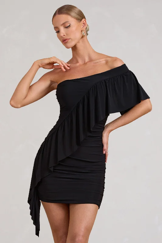 Embrace New Fashion Parfait | Black Asymmetric Ruched Mini Dress With Statement Ruffles Alluring Design