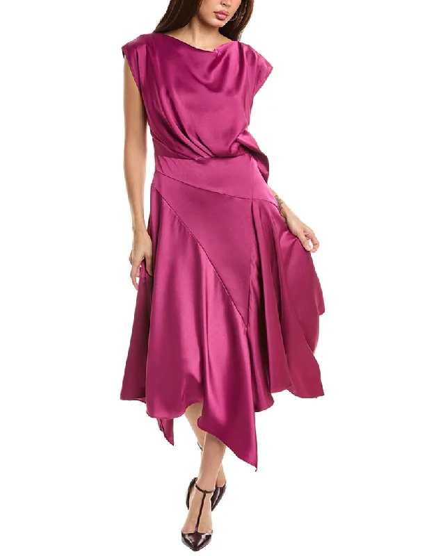 Style Redefined Theia Isla Satin Draped Midi Dress Playful Elegance