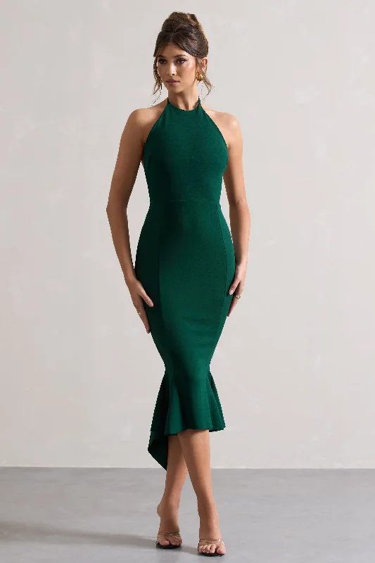 Fresh Styles, Fresh Deals Maluma | Bottle Green Halter-Neck Midi Dress Elevated Style