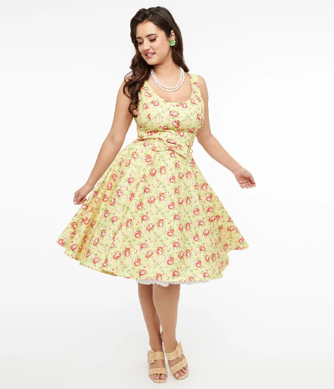 Special Offers, Don't Miss 1950s Pistachio Green & Pink Floral Cotton Selda Swing Dress Fashion-Forward Style