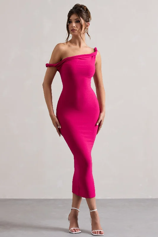 Romantic Chic Deals Salome | Dark Pink Twisted Asymmetric Midi Dress Effortless Sophistication