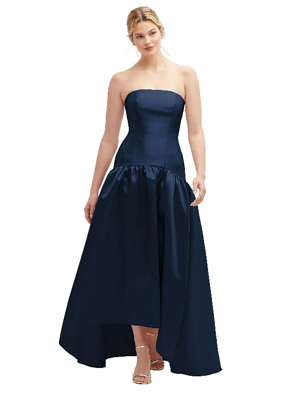 Style Breakthroughs Strapless Fitted Satin High Low Dress with Shirred Ballgown Skirt Vintage Elegance