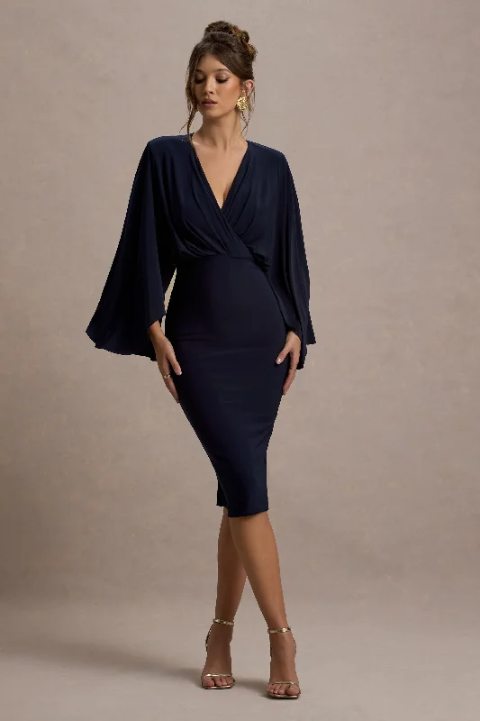 Relaxed Style Deals Mishka | Navy Plunge-Neck Cape Midi Dress Feminine Elegance