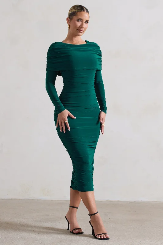 Elevated Casual Discounts Lea | Bottle Green Long Sleeve Ruched Midi Dress with Draped Bardot Overlay Luxury Comfort