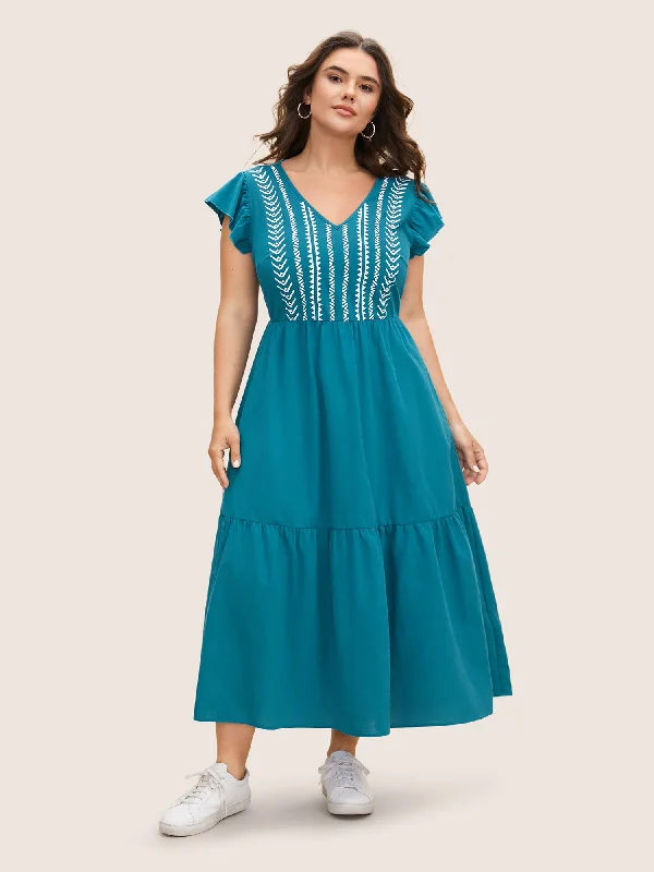 Seasonal Trends Cotton Bandana Geometric Ruffle Cap Sleeve Midi Dress Seasonal Trend