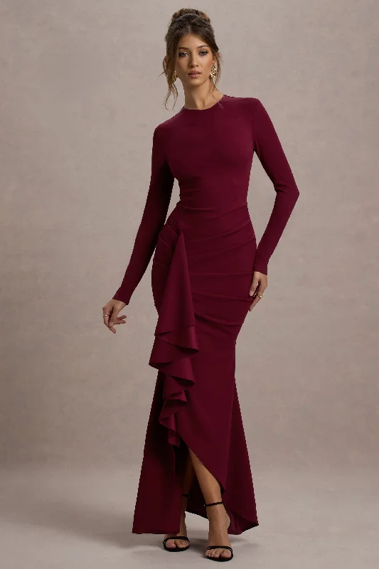 Buy More, Save More Alayna | Berry Long-Sleeve Maxi Dress With Ruffled Split Graceful Cut